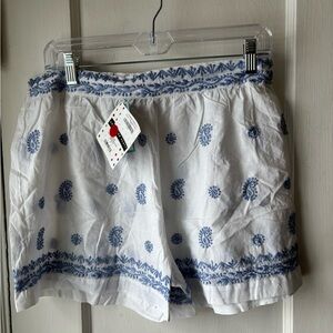 Gretchen Scott NWT White Cotton Shorts with Blue Paisley Embroidery size m